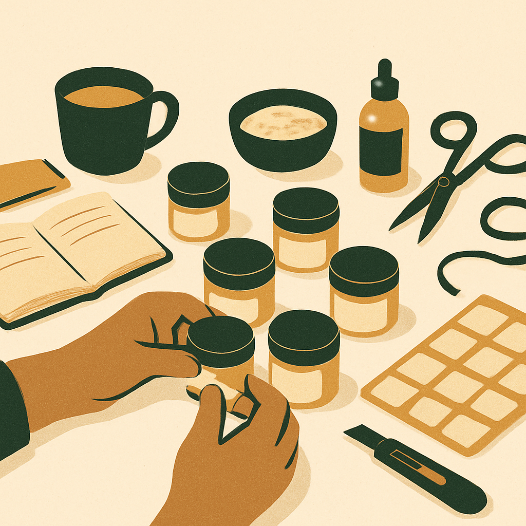Handmade skincare seller labeling product jars at a home workshop table