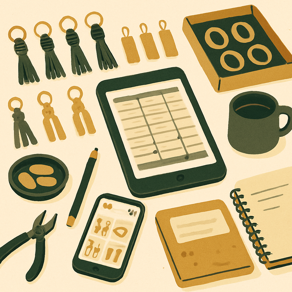 Overhead view of a small maker's workspace with batches of handmade products lined up, a phone showing an Etsy shop, and a tablet with a spreadsheet open beside it, slightly cluttered but organized, natural daylight