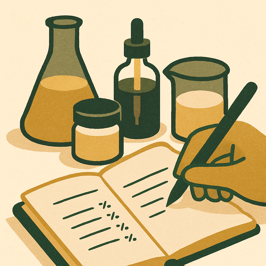 Close-up of a maker's hand writing ingredient percentages in a formulation notebook beside small glass beakers of cosmetic materials, soft daylight