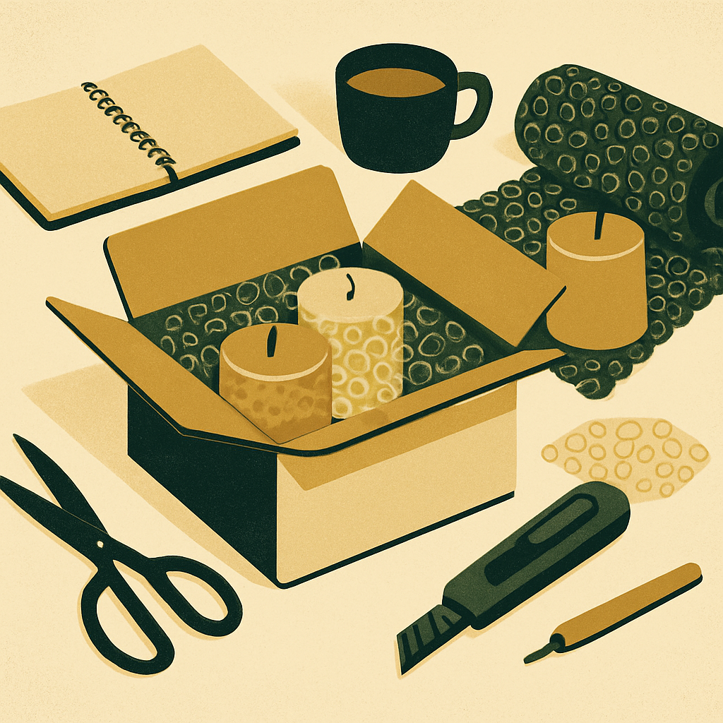 Close-up of handmade candles being wrapped in bubble wrap and packed inside a USPS medium flat rate box, rustic workshop setting