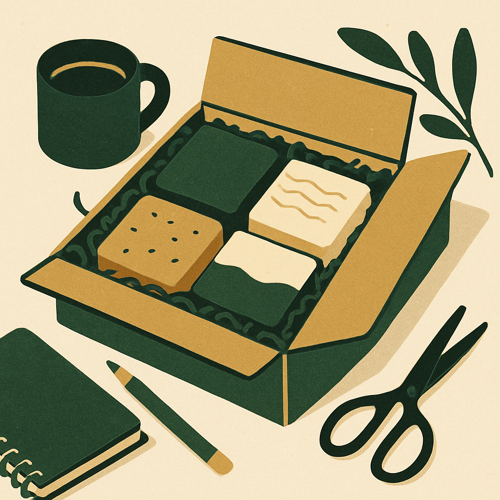 Handmade soap gift set packed in a USPS Medium Flat Rate side-loading box with crinkle paper filler — example packaging for soap multipacks.