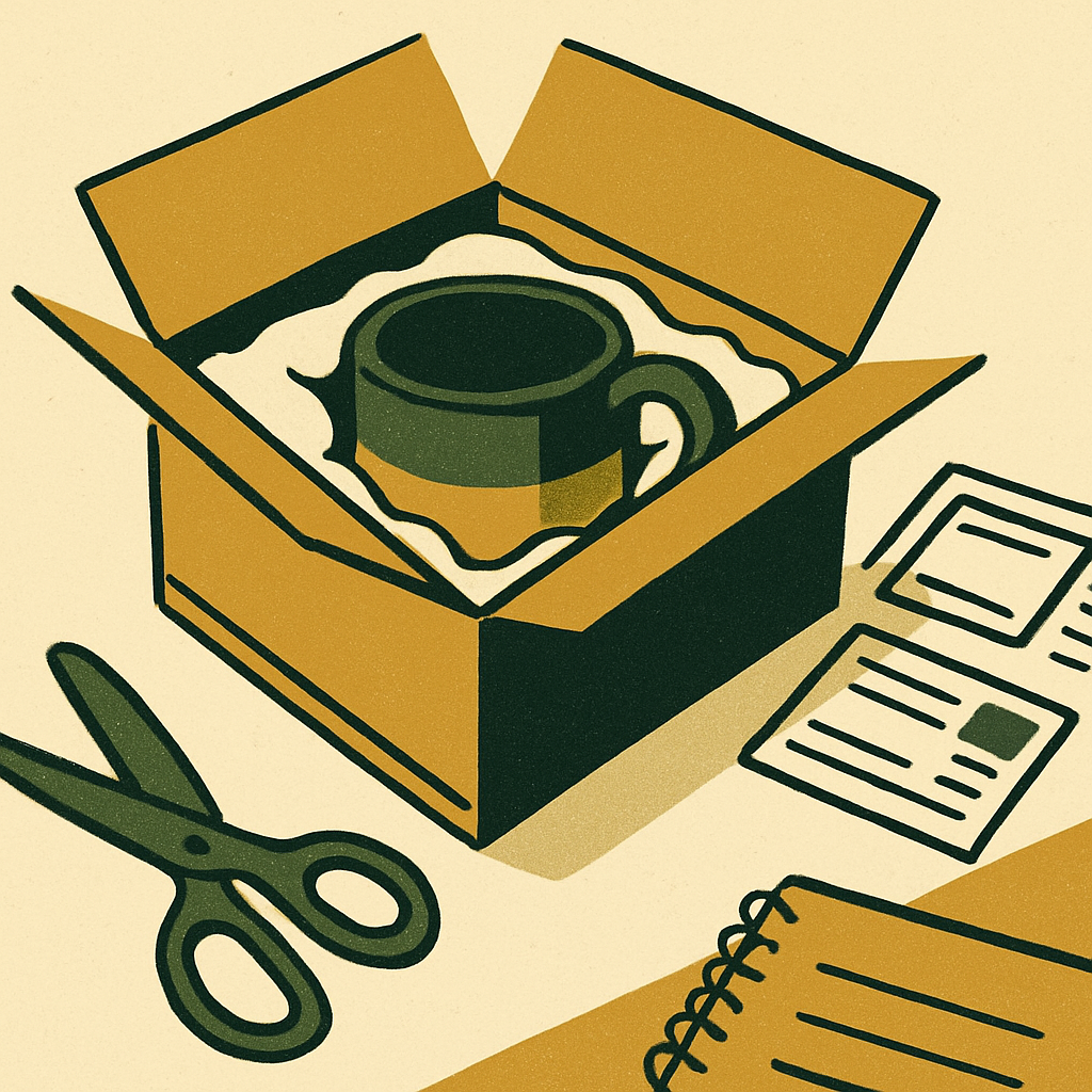 A handmade ceramics mug cushioned in foam padding inside a USPS flat rate box, packing table with shipping labels nearby