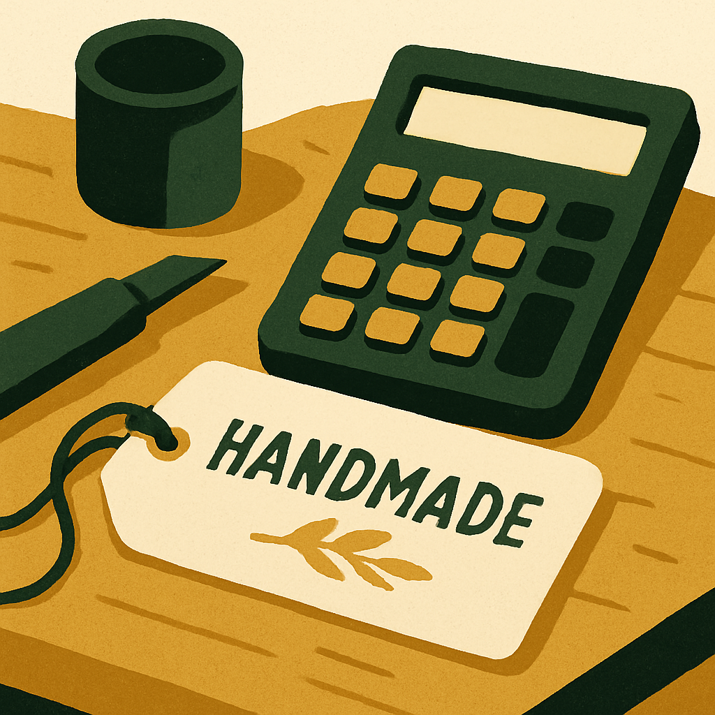 Close-up of a handmade product label and a calculator on a wooden workbench, soft natural lighting