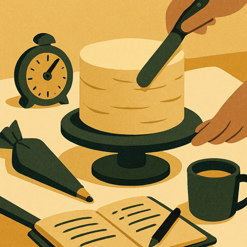 Close-up of a baker's hands decorating a buttercream cake on a turntable, with a timer and notepad visible in the background. Warm kitchen lighting, realistic and unglamourized.
