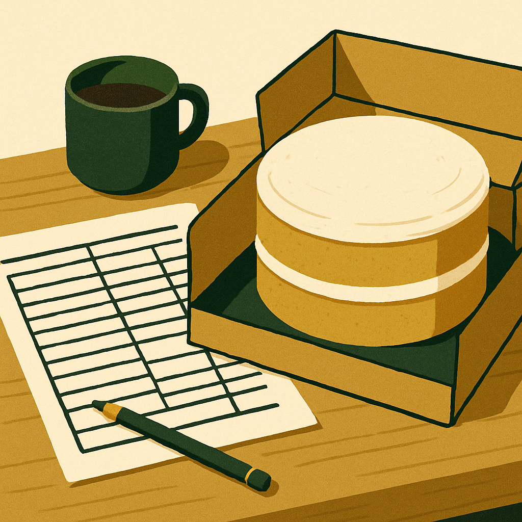 A simple spreadsheet or cost breakdown printed on paper sitting next to a finished two-layer frosted cake in a cake box, on a wooden table. Practical and grounded, not styled.