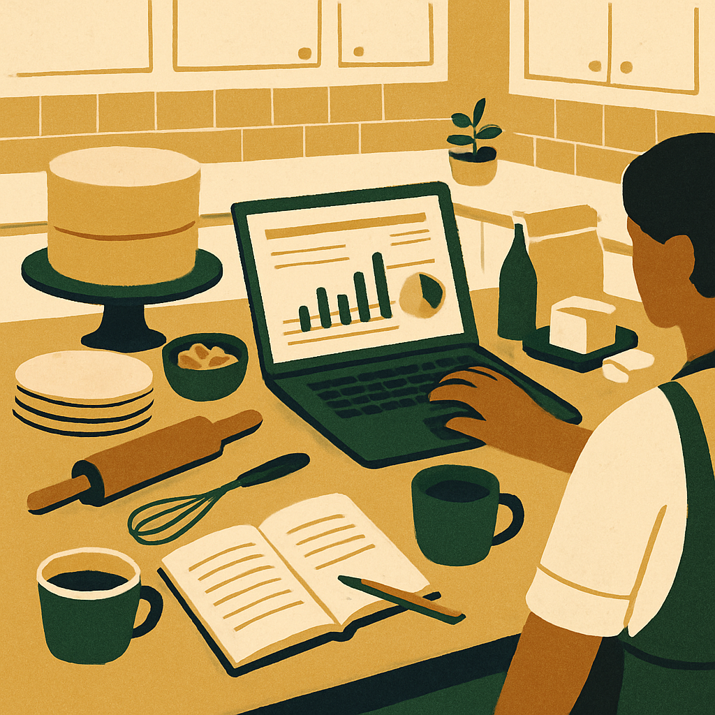A baker reviewing numbers on a laptop in a home kitchen, with baking tools and ingredients visible on the counter. Candid and realistic, not a stock photo pose.