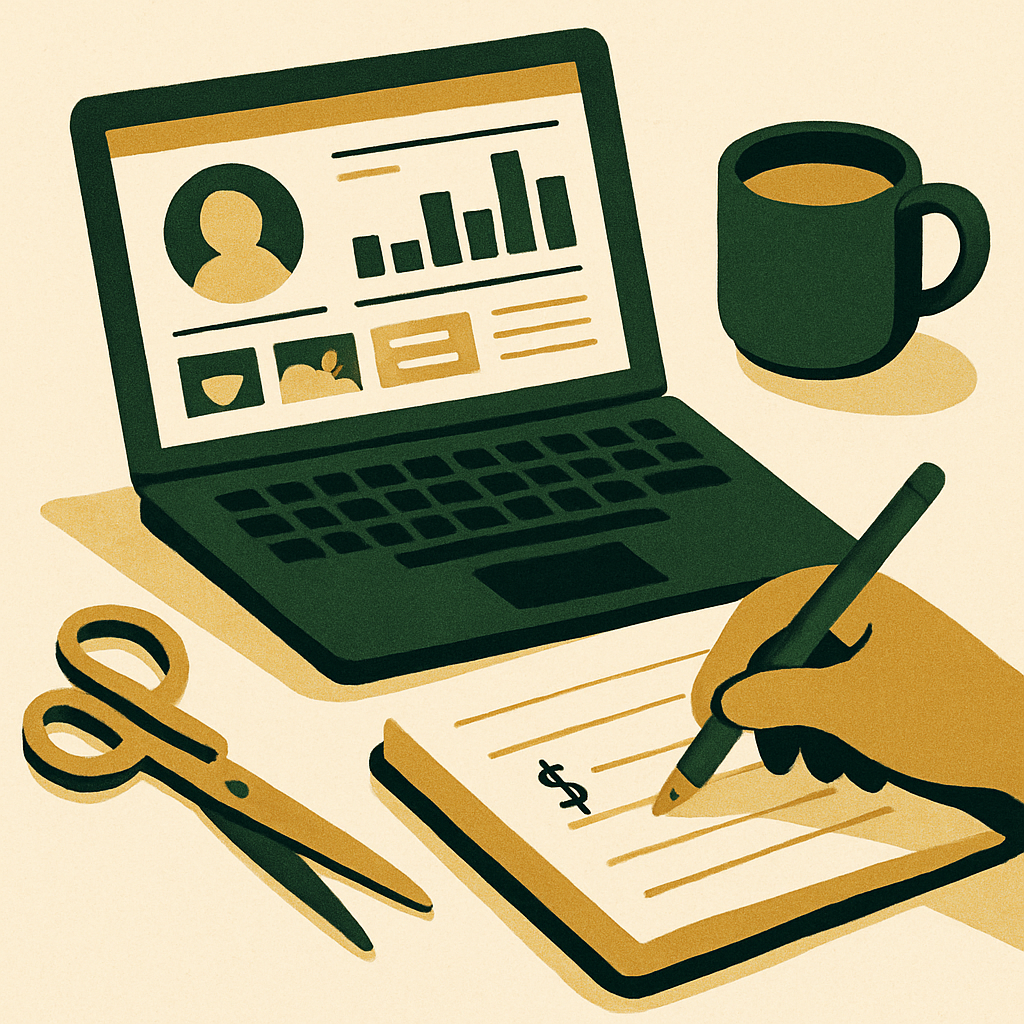 Close-up of a maker's hands writing in a pricing notebook next to a laptop showing an Etsy shop dashboard, warm natural light