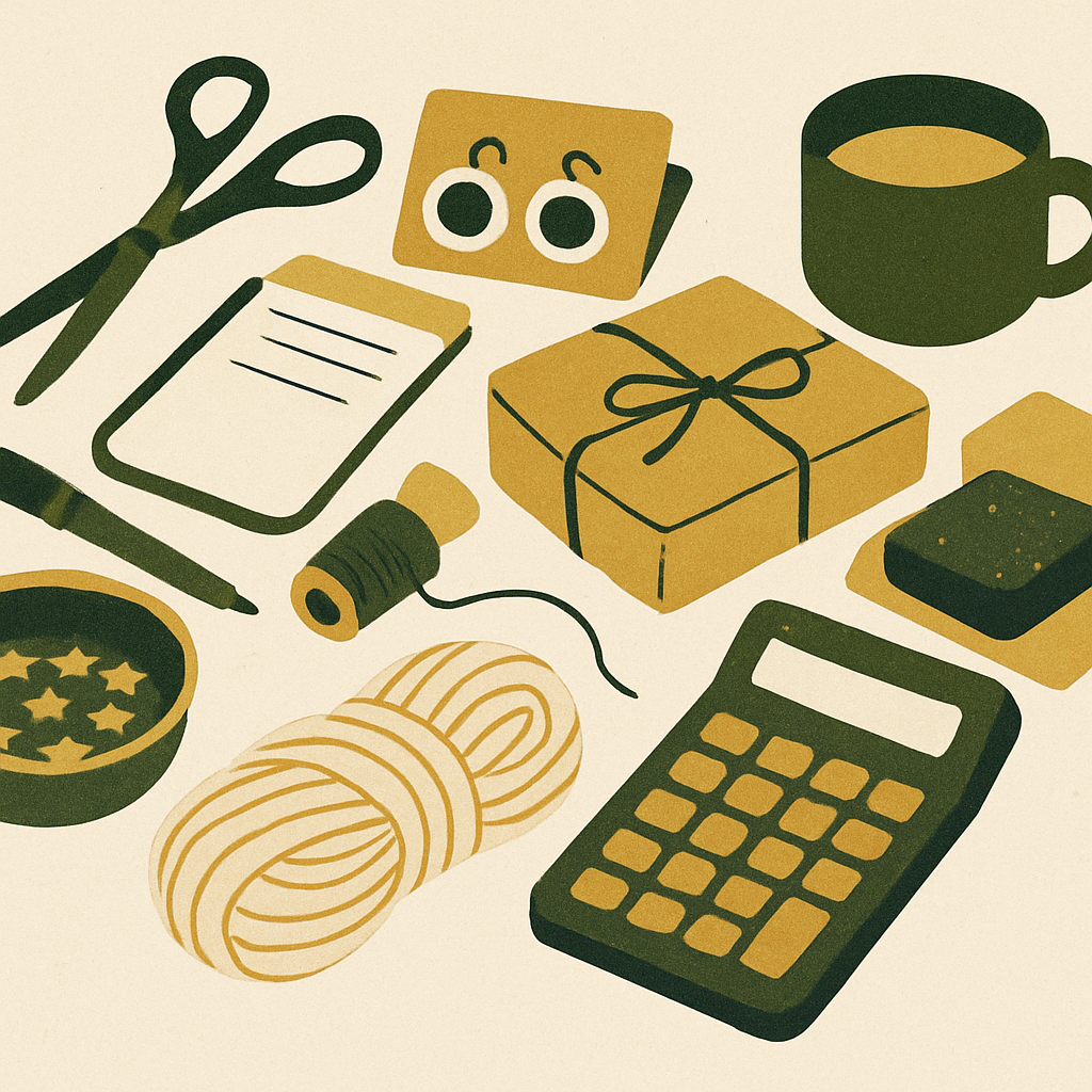 Overhead shot of craft supplies, small products in kraft packaging, and a simple calculator on a clean white desk