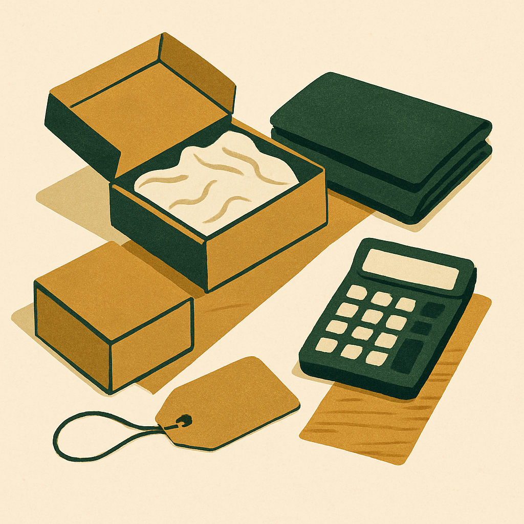 Simple overhead shot of packaging materials — kraft boxes, tissue paper, a price tag, and a small calculator — arranged neatly on a wooden surface