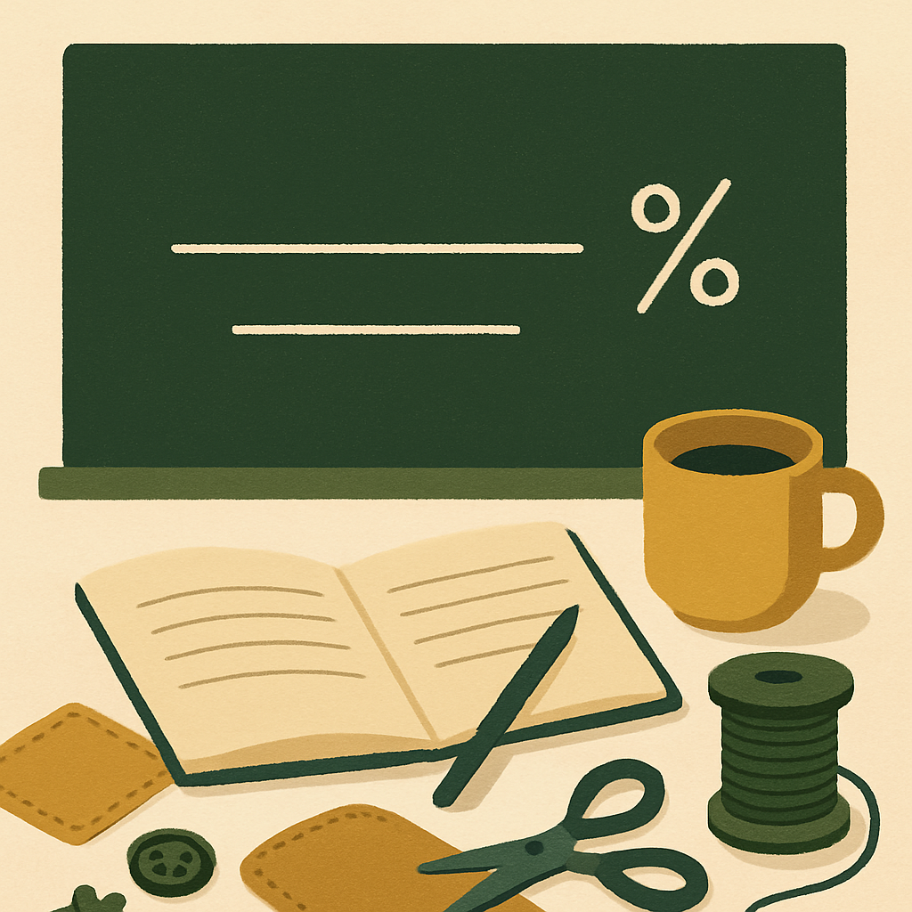Screenshot-style illustration of a profit margin formula written on a chalkboard or whiteboard with handmade product cost inputs listed below it
