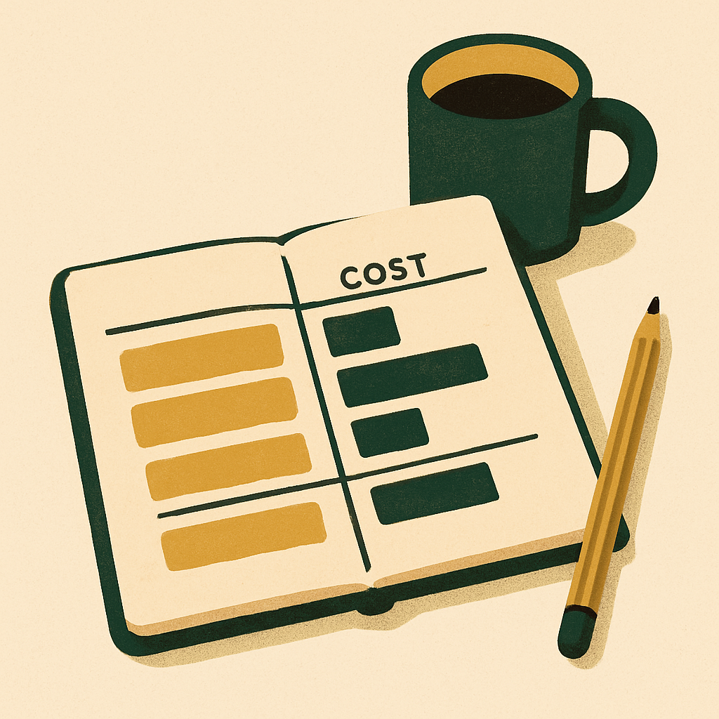 Simple overhead shot of a notebook open to a hand-drawn cost breakdown table, pencil beside it, soft warm light, minimal styling