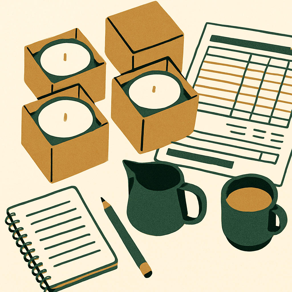 Overhead view of finished handmade candles in kraft boxes ready for packing, alongside a spreadsheet printout showing per-unit cost breakdown. Organized, small-business feel.