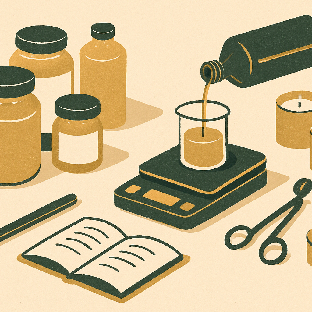 A maker at a workbench measuring fragrance oil into a scale, surrounded by labeled raw material containers. Focus on the precision of measurement. Natural light, no clutter.
