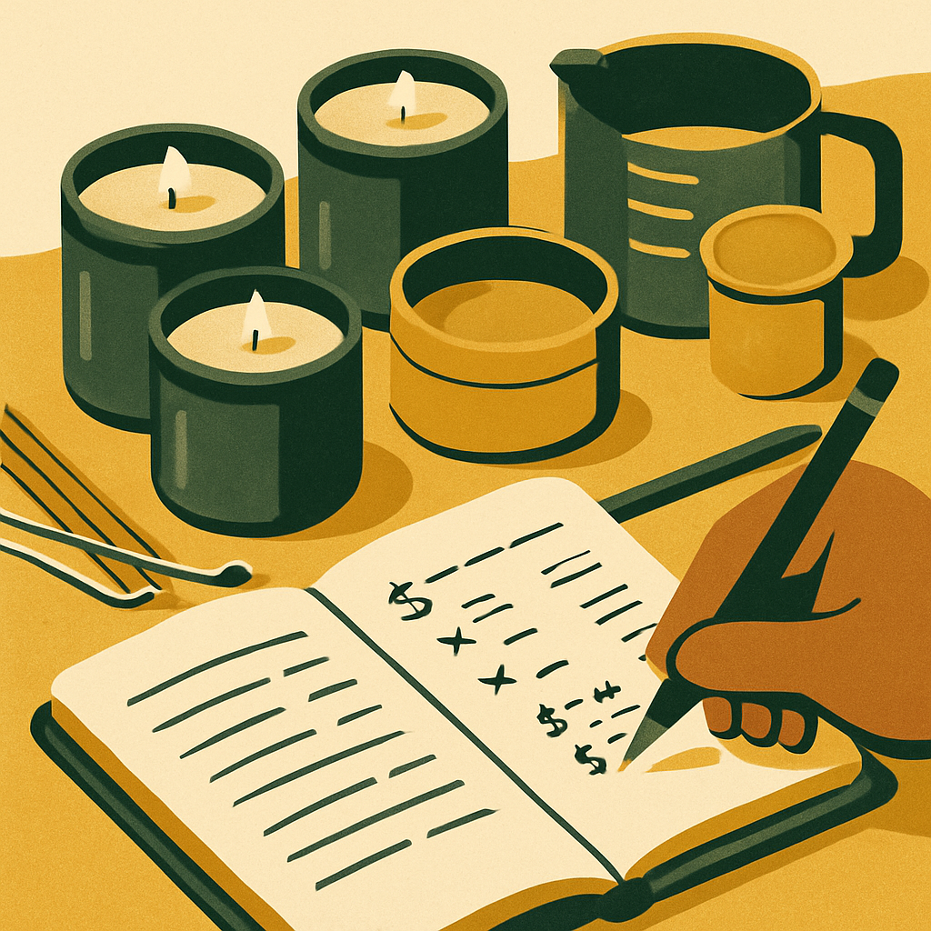 Close-up of a maker's hands writing cost calculations in a notebook next to small batch candles in progress — warm studio light, authentic craft environment
