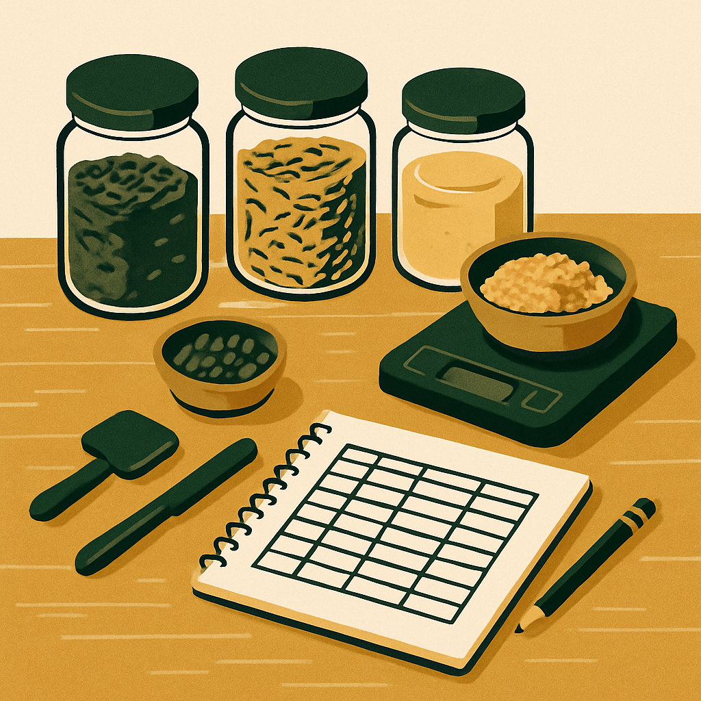 Clean overhead view of a wooden worktable with labeled jars of raw materials, a small scale, and a handwritten batch record — earthy tones, organized and real-looking