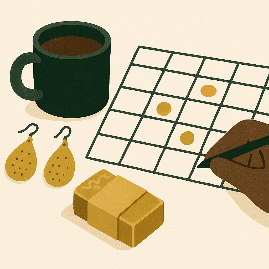 A close-up of a hand writing quarterly tax payment dates on a paper calendar next to a mug of coffee and craft product samples