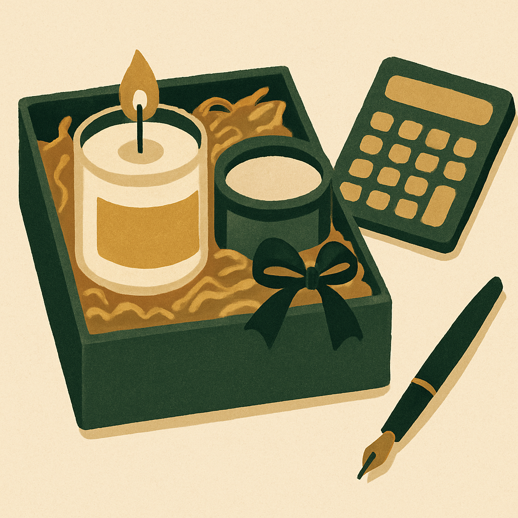 Close-up of a handmade candle gift set on a table with a calculator and pen nearby, warm neutral tones, overhead shot