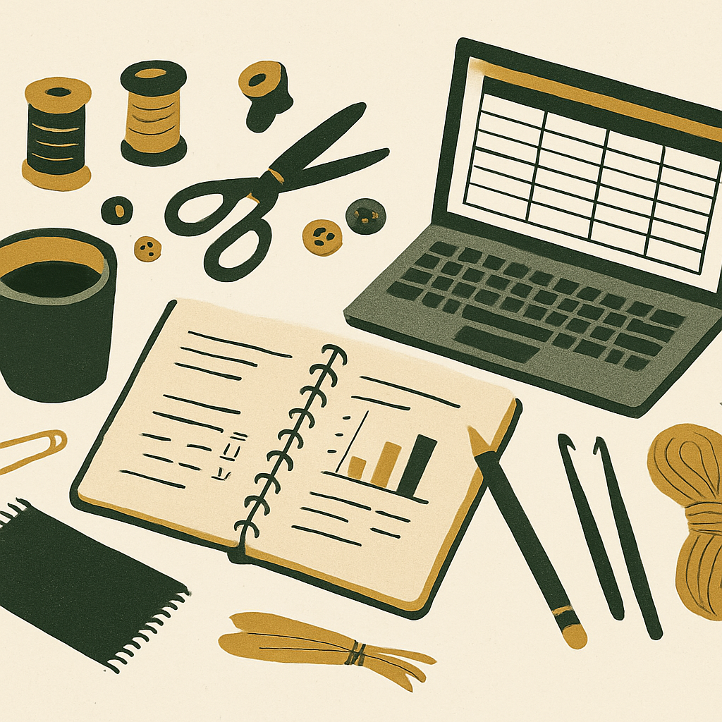 A flat-lay of handmade craft supplies, a notebook with tax calculations written out, and a laptop showing a spreadsheet, overhead shot, neutral background