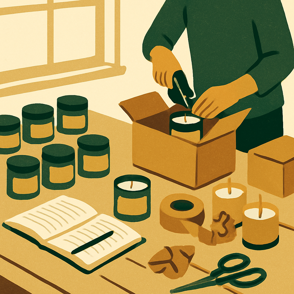 A candle maker packaging products at a home studio workspace, surrounded by labeled jars and shipping materials, soft daylight through a window