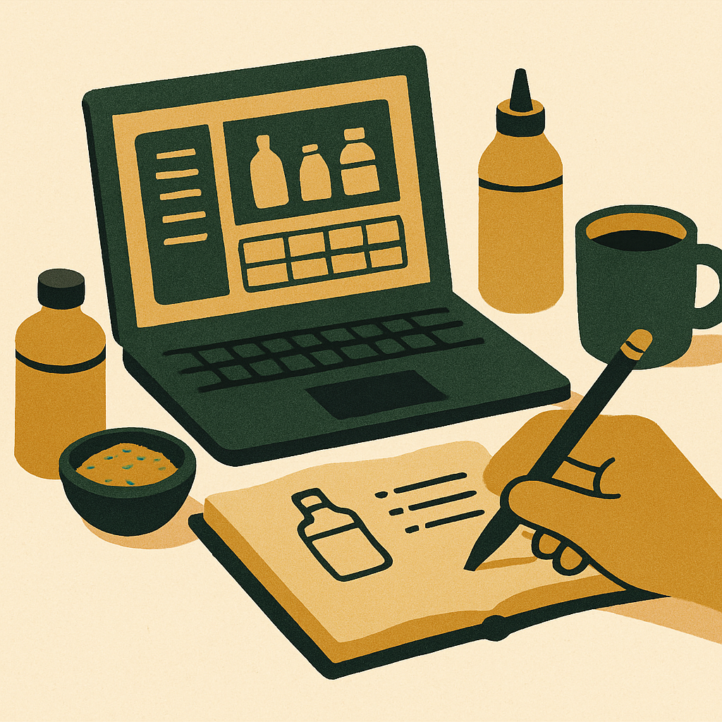 Close-up of a maker's hands writing a product formula in a notebook next to a laptop showing a simple inventory dashboard, soft studio lighting