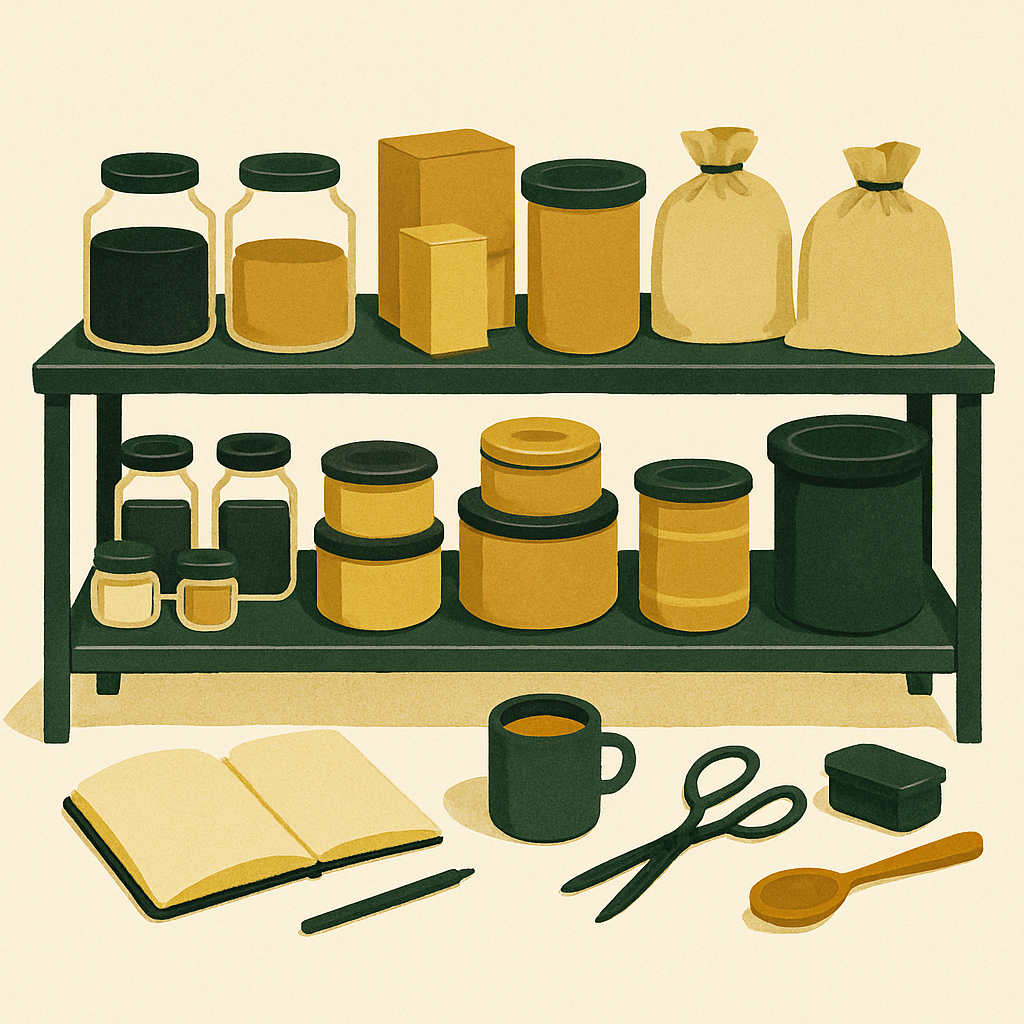 Organized rows of labeled raw material containers on open shelving in a small production studio, neutral background, editorial style