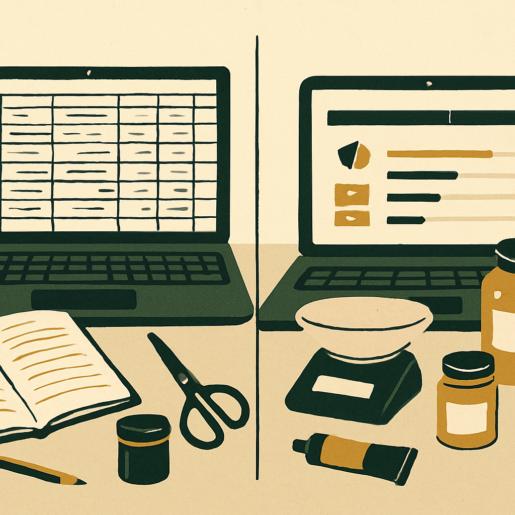 Split composition: left side shows a messy spreadsheet on a laptop screen, right side shows a clean software interface with recipe costs and stock levels, concept illustration style