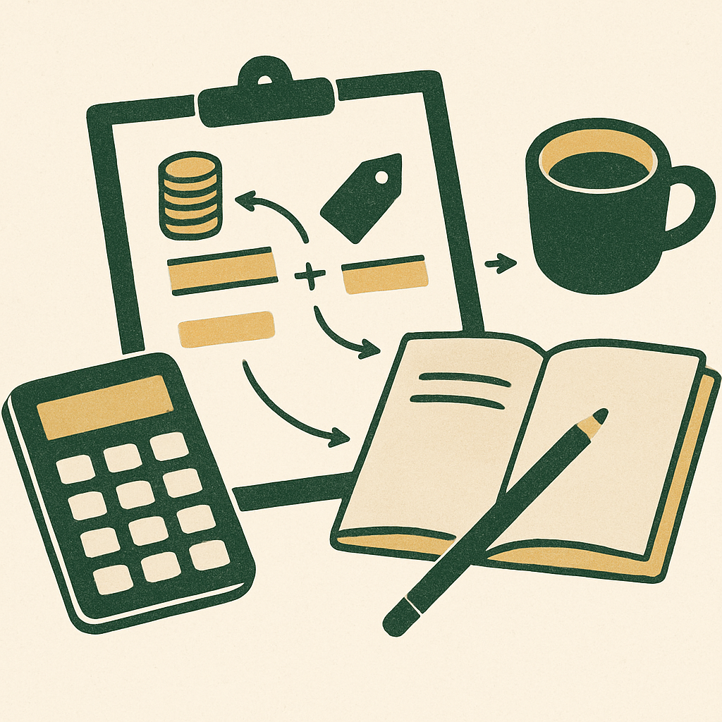 Simple illustrated diagram showing the break-even formula with labeled arrows for fixed costs, variable costs, selling price, and contribution margin. Minimalist design on a light background.