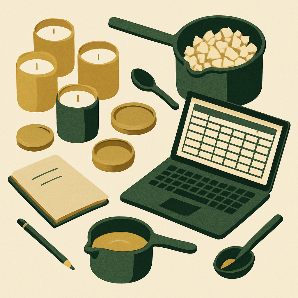 Overhead shot of a candle maker's workspace with jars, wax, and a laptop showing a spreadsheet. Realistic, not staged.