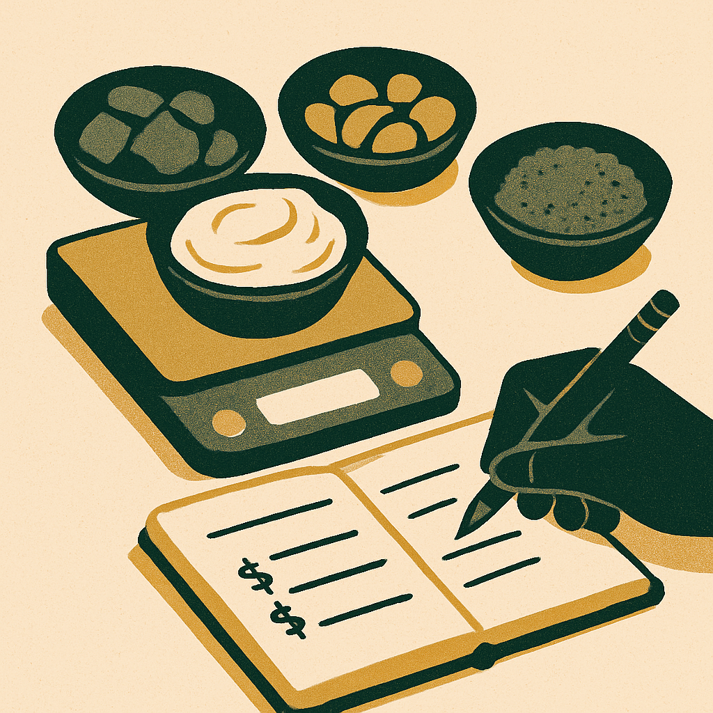 Close-up of a maker's hand writing a cost breakdown in a notebook beside a digital scale with small bowls of raw cosmetic ingredients — warm, realistic workshop lighting