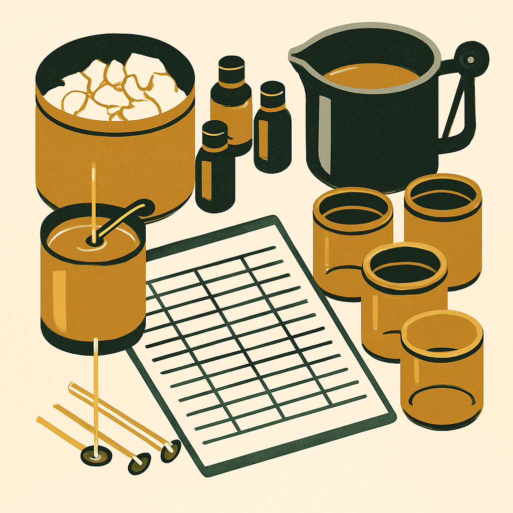 Overhead view of a candle-making workspace with wax, fragrance bottles, wicks, jars, and a spreadsheet printout — organized, artisan feel, muted earthy tones