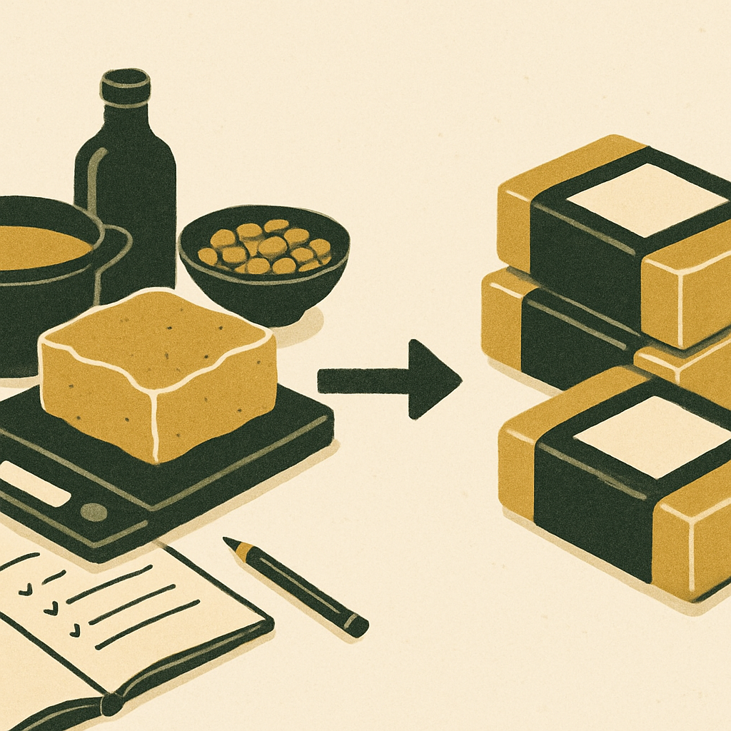 Split composition showing raw materials on one side and finished labeled soap bars on the other, with a simple arrow connecting them — clean product photography style