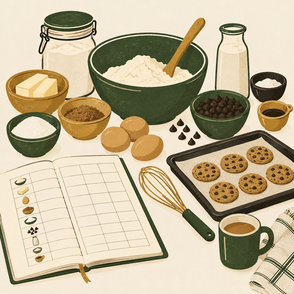 A structured spreadsheet-style table showing cookie ingredients, quantities, and costs, clean minimal design
