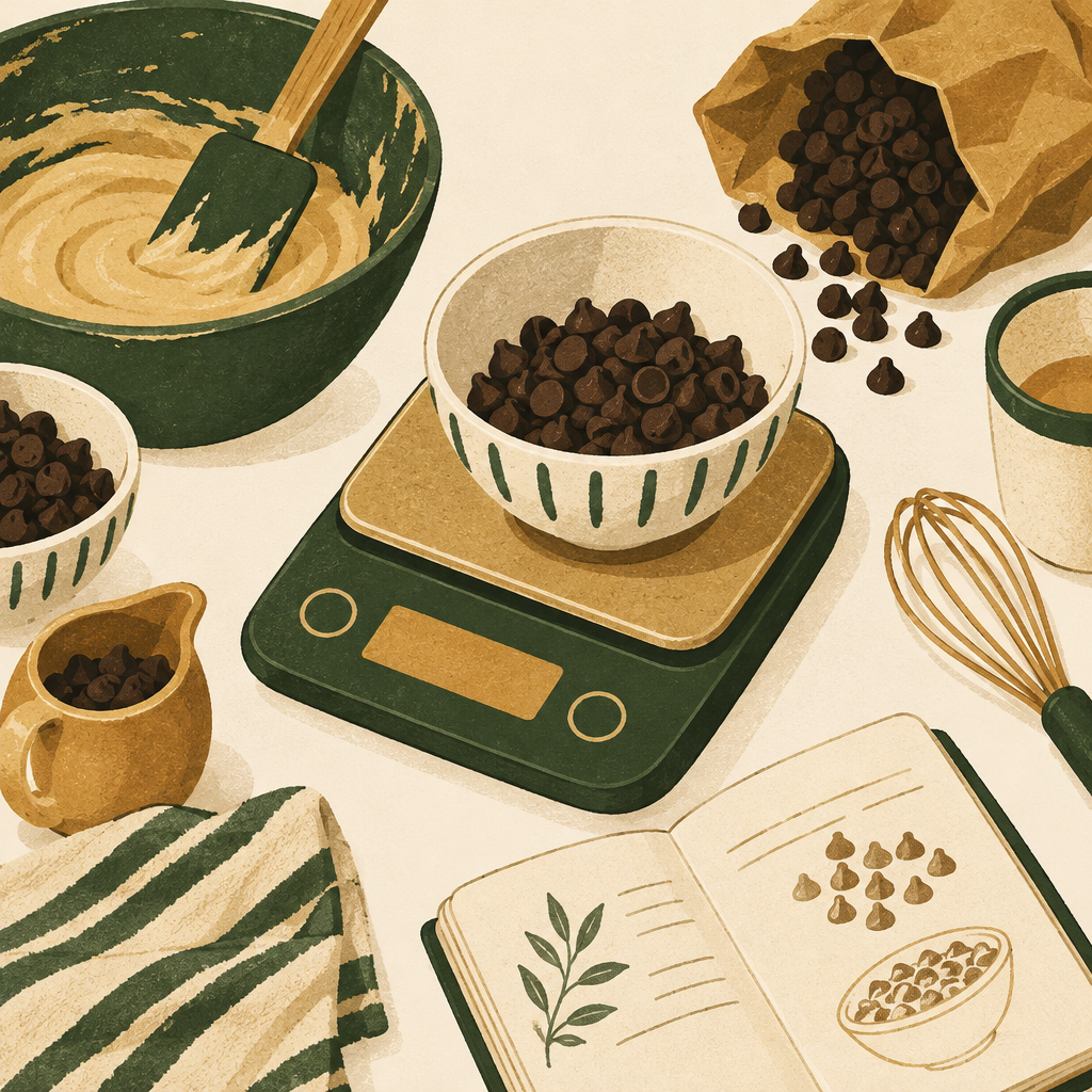Close-up of a baker's hands weighing chocolate chips on a digital kitchen scale, warm natural lighting