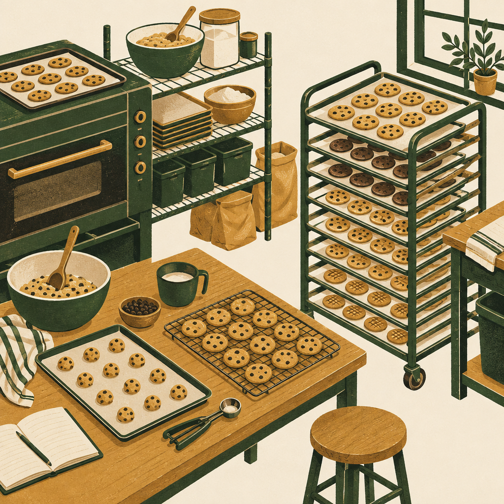 A small commercial bakery production space with trays of cookies cooling on racks, realistic and unpretentious